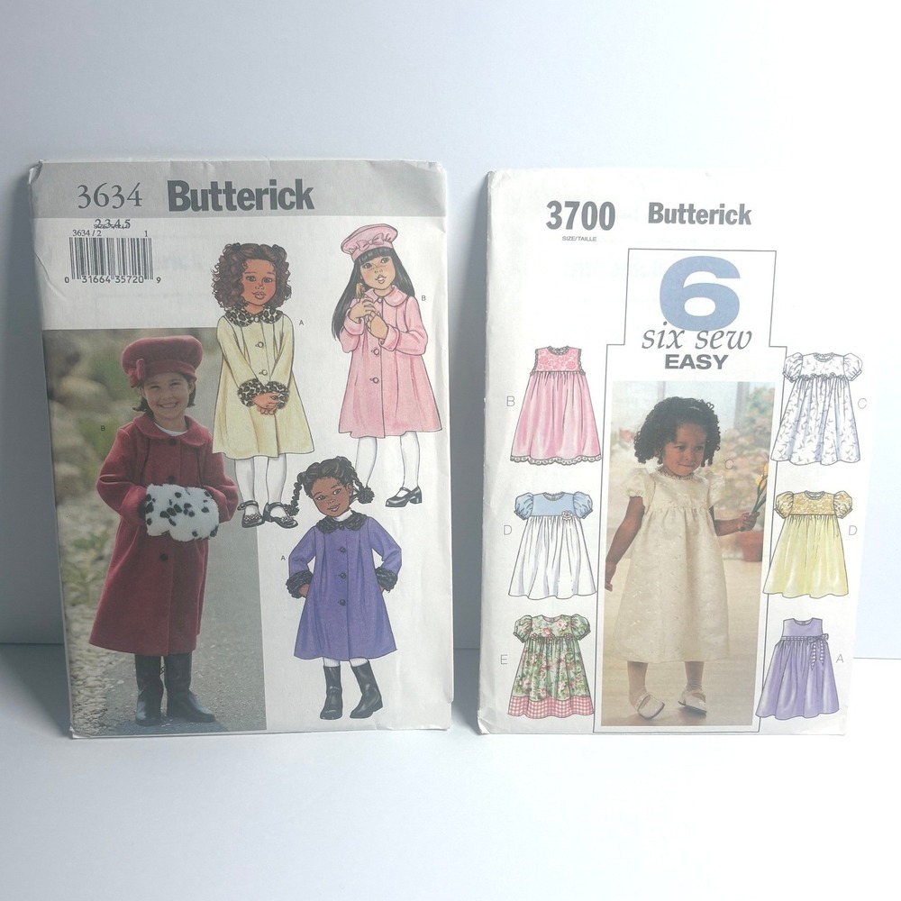 Butterick Sewing Patterns 3634 3700 Girls Coat Hat Muff Toddlers Dress Uncut